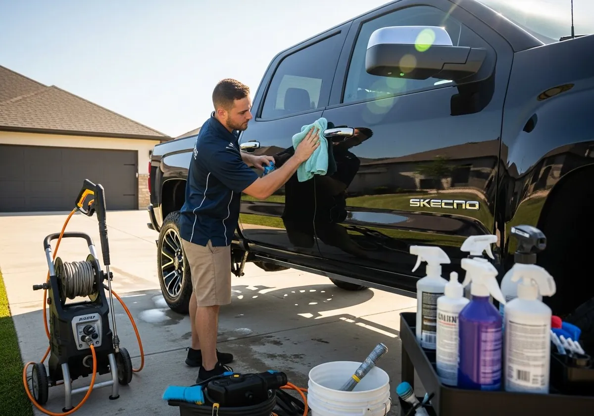 DetailBroski technician detailing a work truck on-site in San Diego